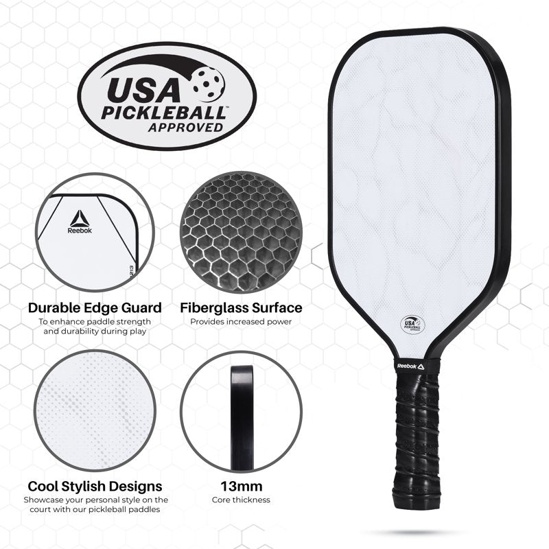 Reebok Pickleball Paddle - White, USAPA-Approved Lightweight Fiberglass