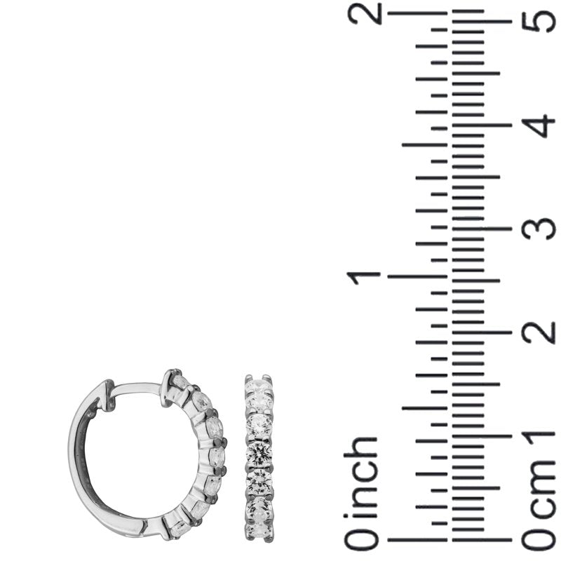 Hinged Hoop Earrings with Cubic Zirconia in Sterling Silver and Rhodium Plating