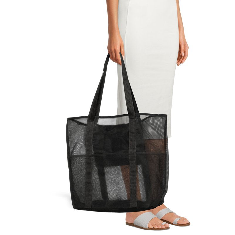 Mesh Beach Tote Bag 2-Pack for Women, Large Summer Style, Black