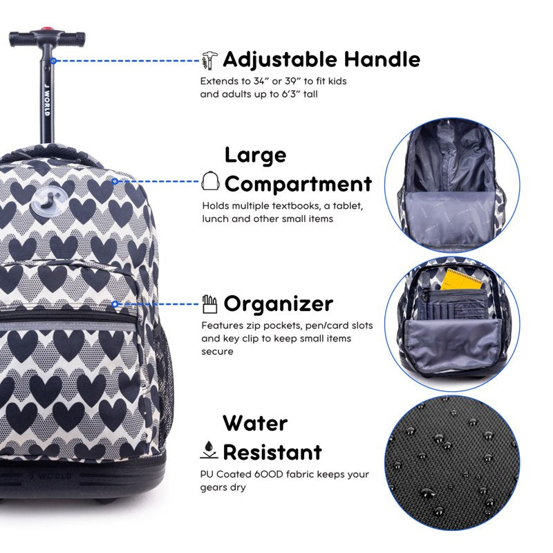 Girls 18-Inch Rolling Backpack for School & Travel with Water Bottle Pockets