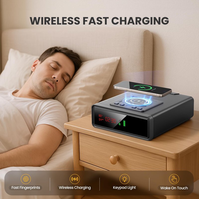 Biometric Safe with Wireless Charging and Digital Clock - Home Security Safe with Keypad