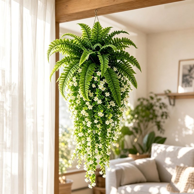 Artificial Hanging Fern Vine with White Flowers - 36 Inch Outdoor Indoor Trailing Plant for Garden Decor