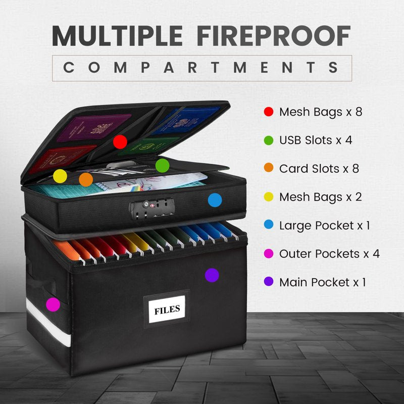 Fireproof Water-Resistant Document Storage Box with Lock and Multi-Pockets