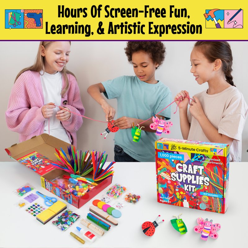 Kids Arts and Crafts Supplies Kit with Fuzzy Sticks Sequins and More - 1000 Pieces
