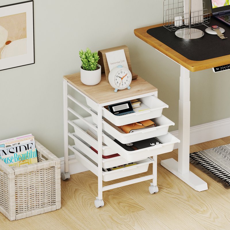 6-Drawer Rolling Storage Cart with Wooden Top and Lockable Wheels for Office or Home Organization