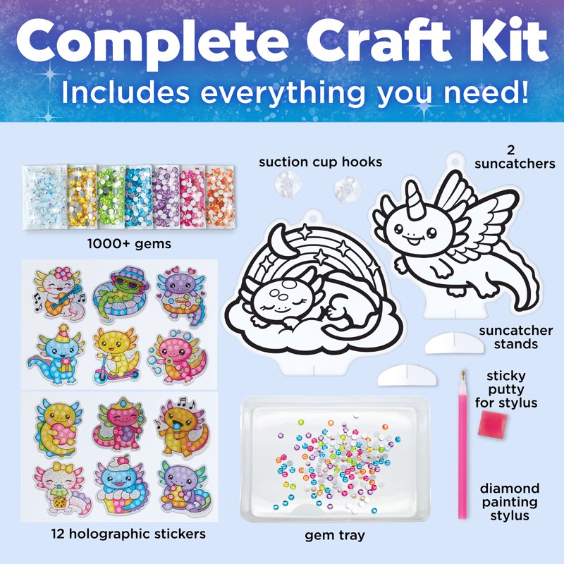 Kids Diamond Painting Craft Kit with Axolotl Suncatchers & Stickers - Creative Arts & Crafts for Ages 6-8+