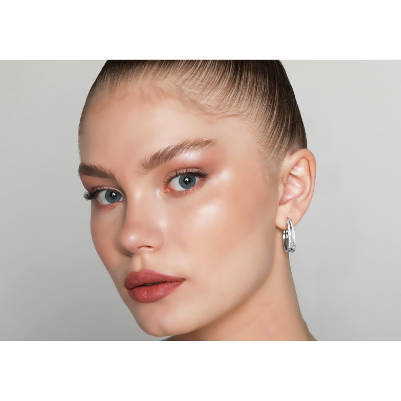 Rhodium Plated Sterling Silver Hoop Earrings with Crystals - 2 Row Classic Design