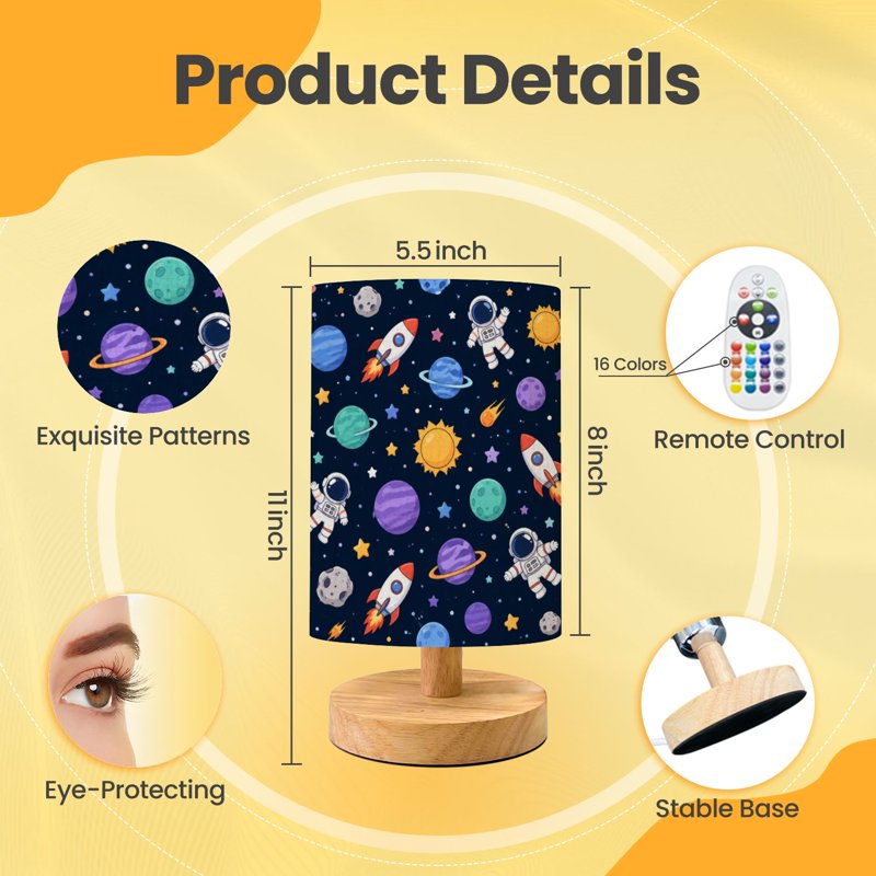 16-Color Dimmable Space Planet Table Lamp with Wood Base for Bedroom Nursery