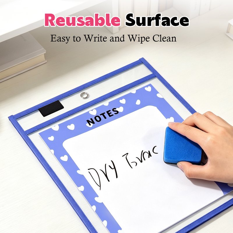 20 Pack Clear Dry Erase Pocket Sleeves with Rings 10x14 inch Classroom Organizer