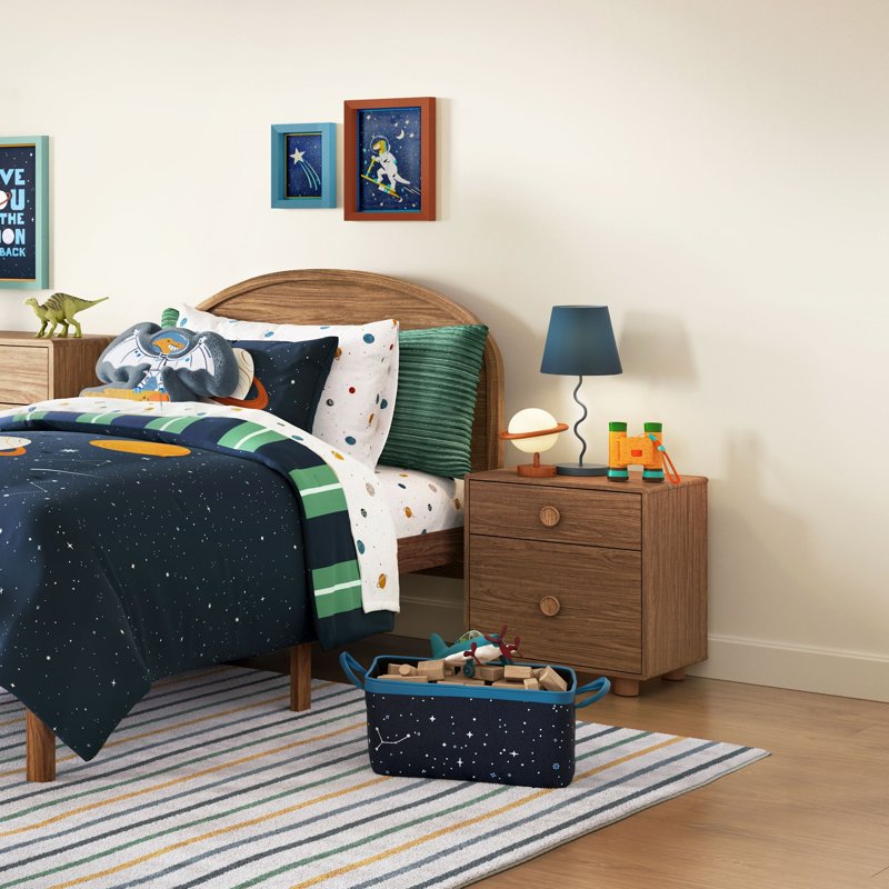 Kids Blue Curvy Table Lamp with Fabric Shade - Playful Bedroom Lighting