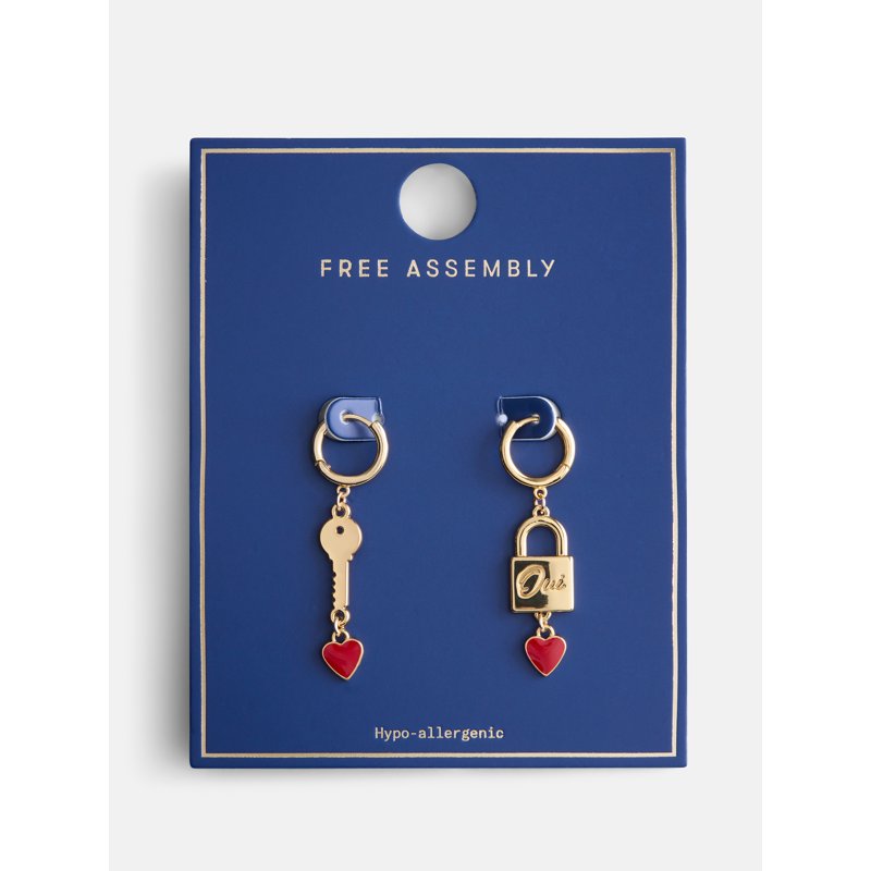 Goldtone Hoop Earrings with Lock and Key Charms for Women