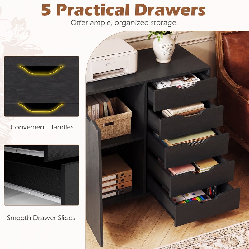5-Drawer File Cabinet with Door and Adjustable Shelf - Rolling Home Office Storage