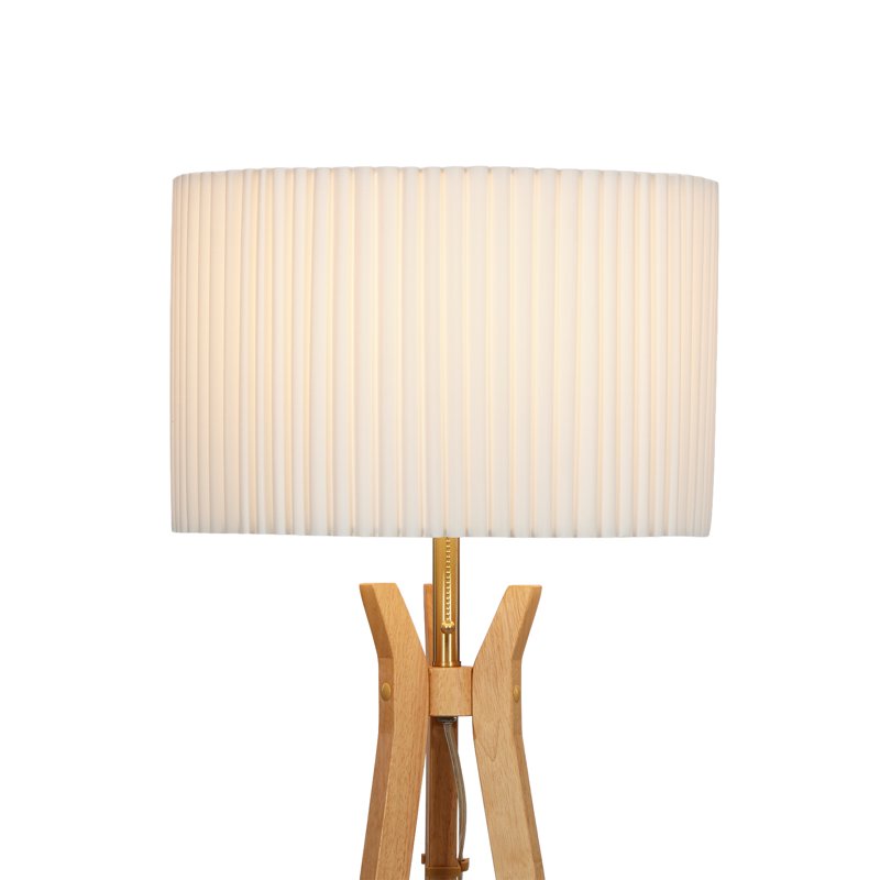 Natural Wood Tripod Floor Lamp with Pleated Shade and Shelf