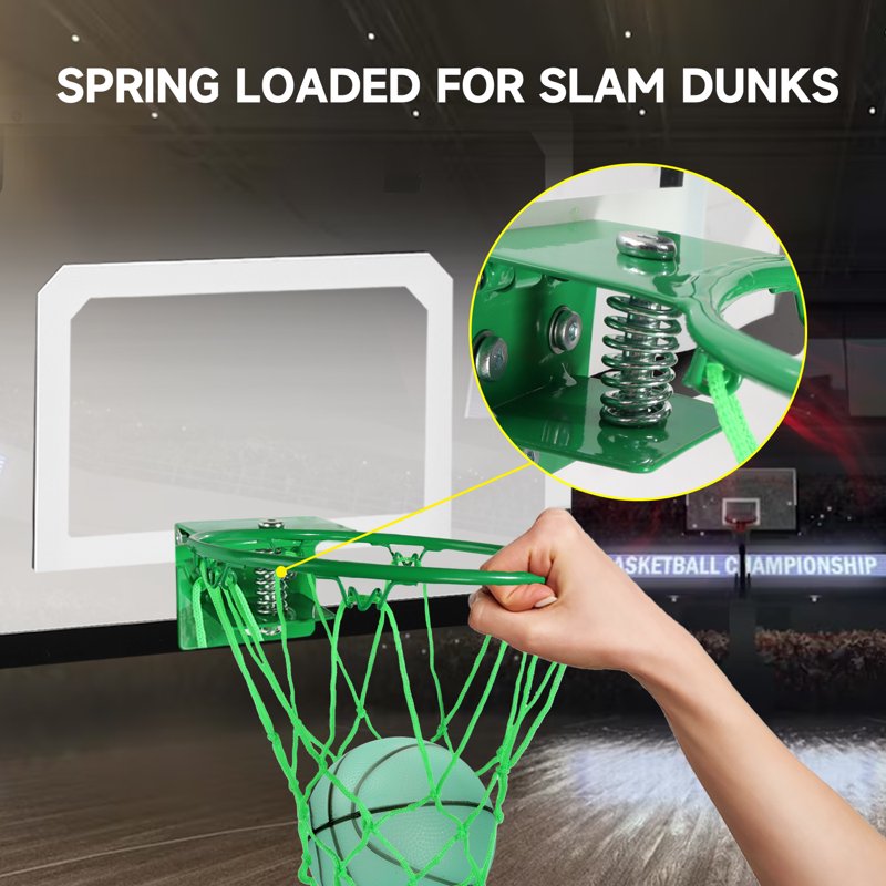 Mini Over-The-Door Basketball Hoop Set with Ball & Pump - Glow in The Dark, Wall-Mounted for Home & Office