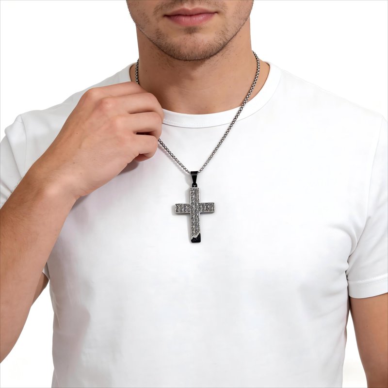 Men's Stainless Steel Cross Pendant Necklace with Drip Design