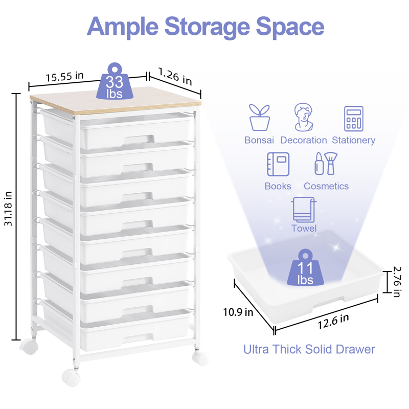 Rolling Drawer Storage Cart with 8 Removable Drawers and Wooden Top