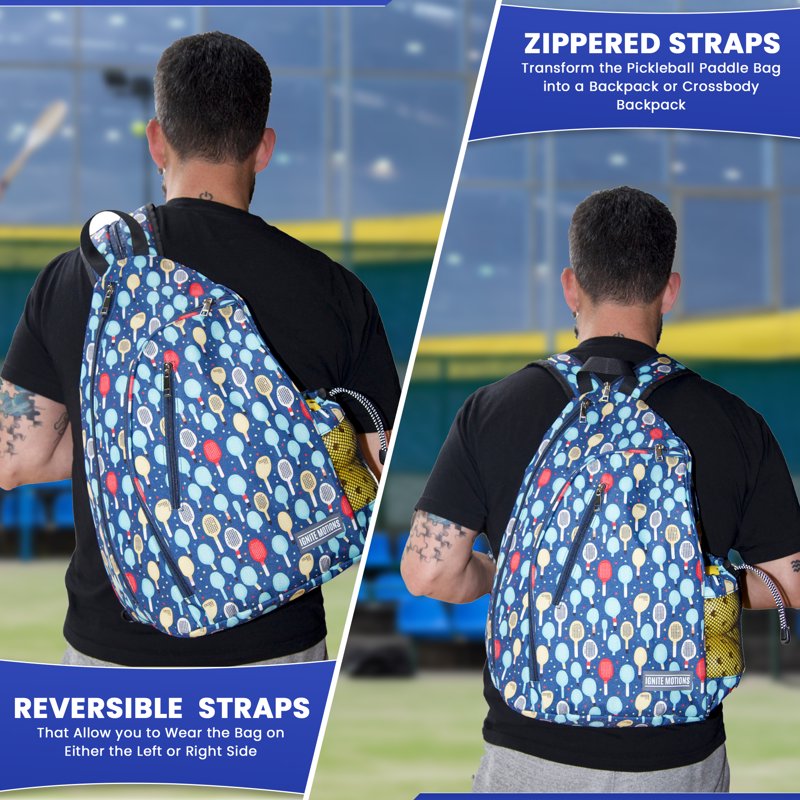 Ignite Motions Pickleball Sling Bag for Women & Men - Crossbody Backpack with Fence Hook, 4-Paddle Capacity, Water Bottle Holder (Variation: Paddles)