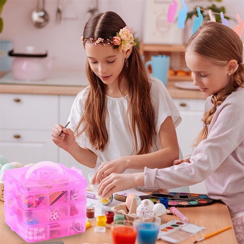 3-Tier Stackable Craft Storage Box with Dividers - Pink Multi-Use Organizer