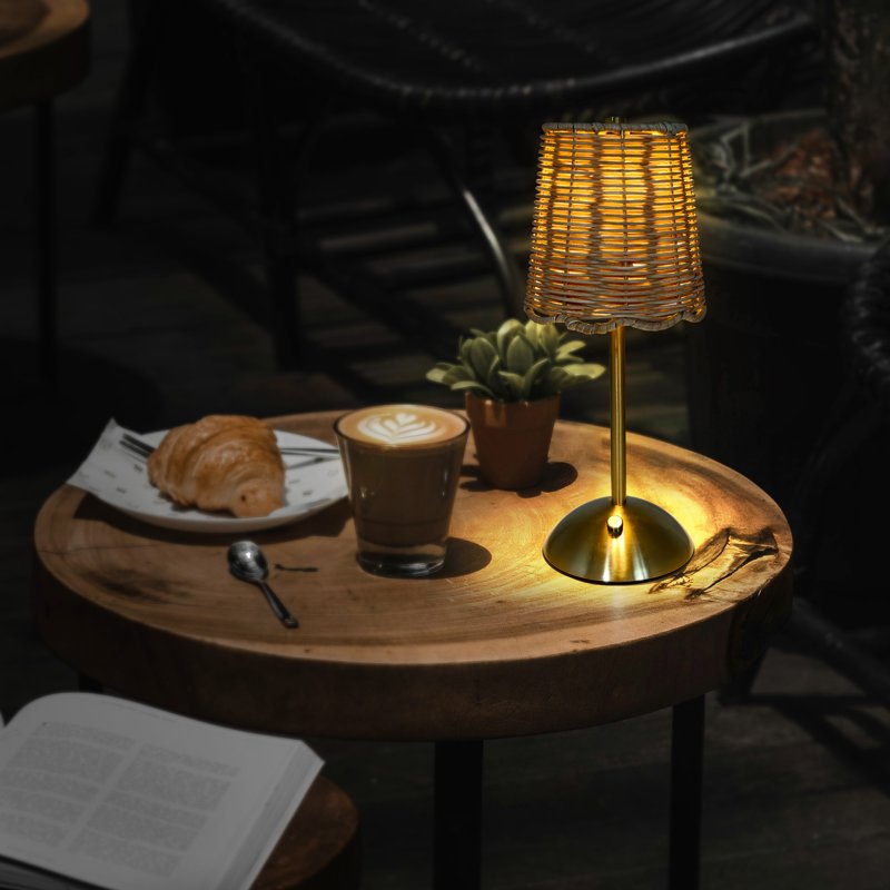Cordless Rattan and Gold Table Lamp with Touch Dimmer - Home Decor