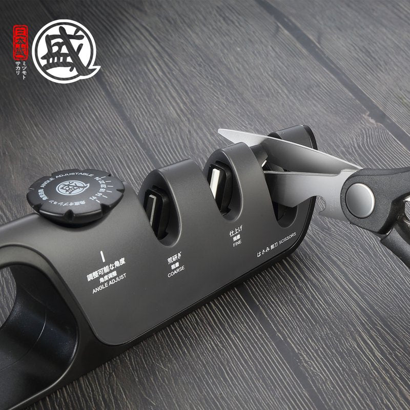 Mitsumoto Sakari Knife Sharpener with Adjustable 14°-24° Angle, 3-Slot Japanese Sharpening System - 27.2cm x 7.5cm x 5.3cm, Black