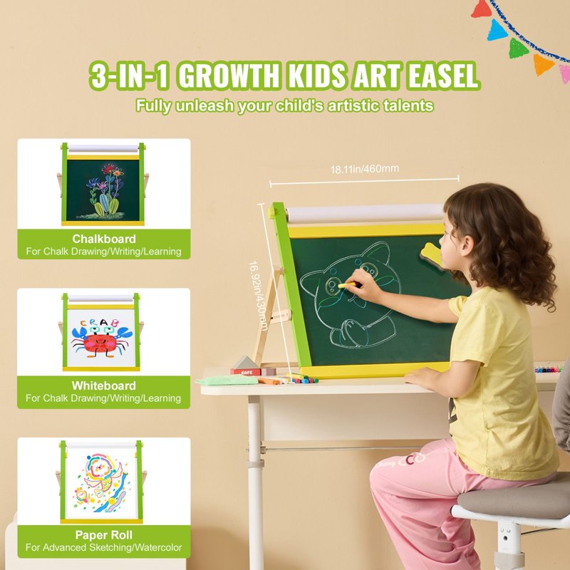 Kids Art Easel 3-in-1 Wooden Double-Sided Drawing Board with Whiteboard & Chalkboard