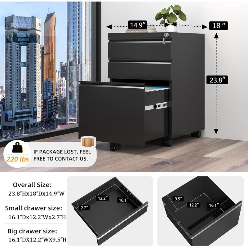 Mobile File Cabinet with Lock and Wheels - 3 Drawer Metal Storage for Office, Legal and Letter Sizes