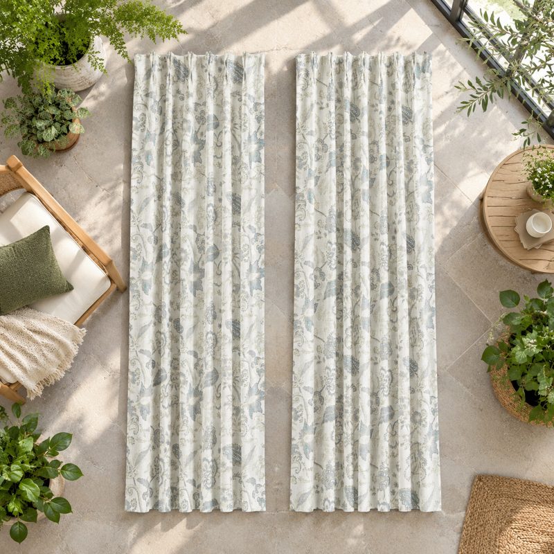 Blackout Jacobean Floral Pleated Curtains 84 Inch Long Set of 2