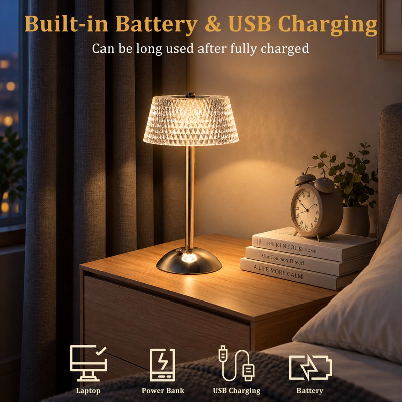 Rechargeable Cordless Crystal Table Lamp with Touch Control, 3 Light Colors