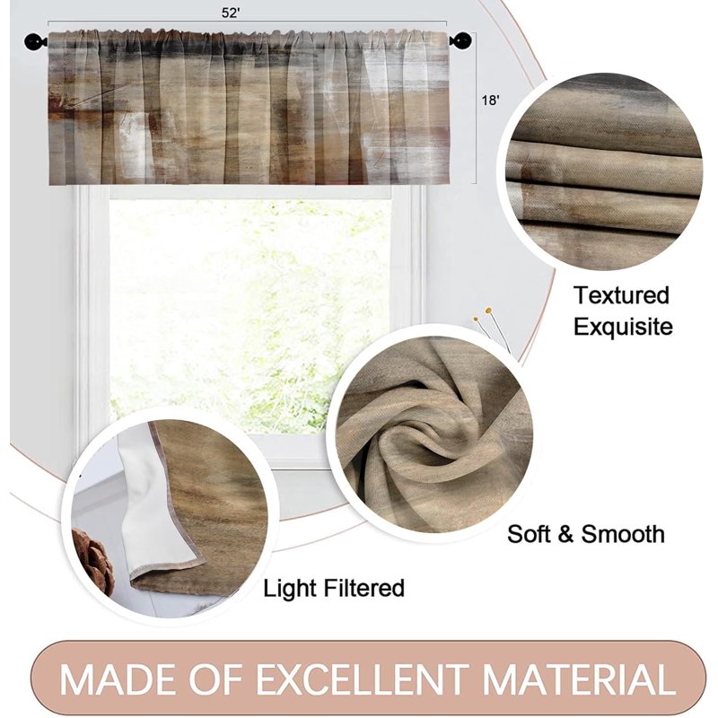 Modern Abstract Window Valances - 2 Pack, Adjustable 18x52 Inch Curtains for Living Room & Kitchen