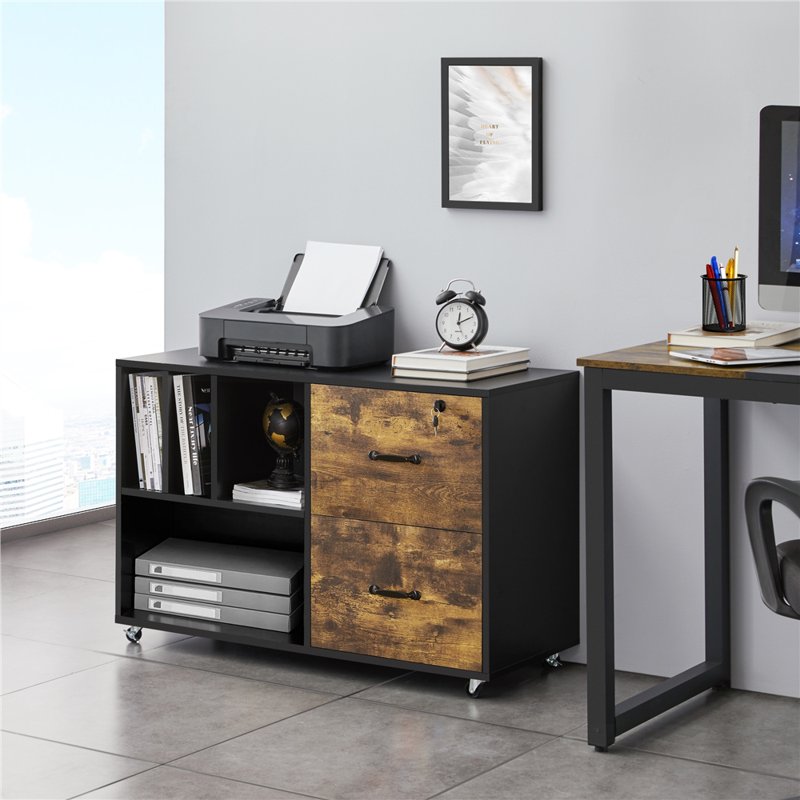 Rolling File Cabinet with 2 Drawers and Open Shelving - Rustic Brown Office Storage