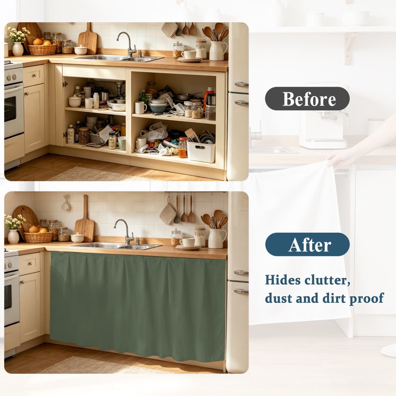 Deep Green Kitchen Cabinet Curtain Set with Magic Tape - Rustic Under Sink Privacy Panel
