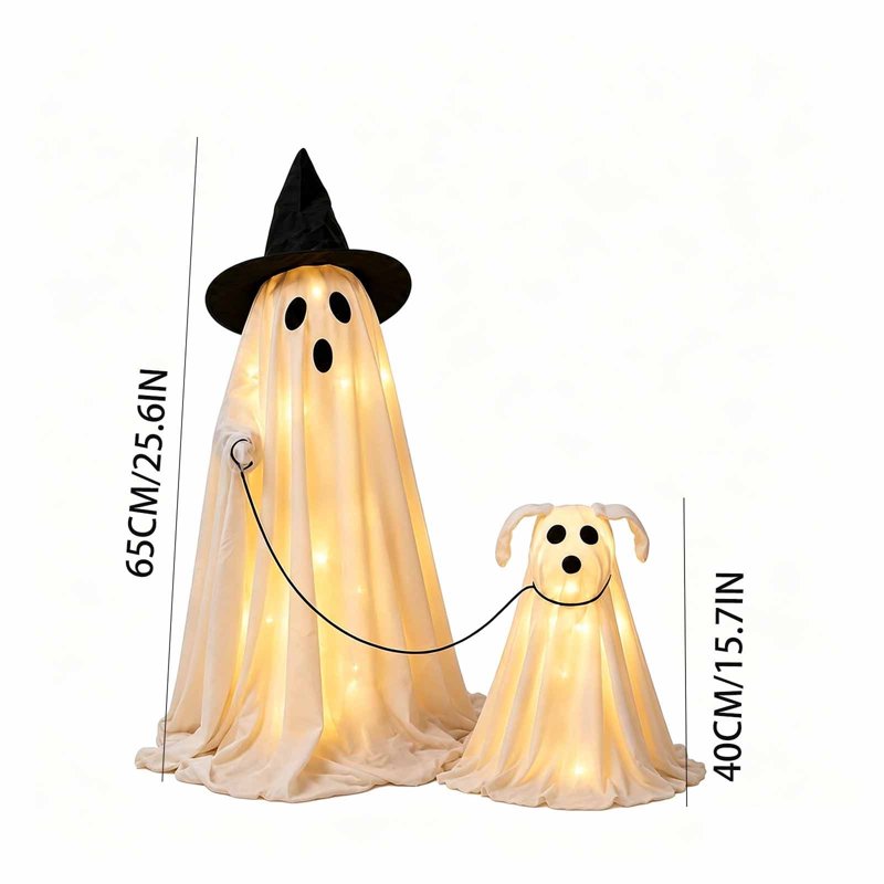 LED Wizard Ghost Dog Walking Statue Set (2 Pack) - Outdoor Halloween Decoration with Witch Hat