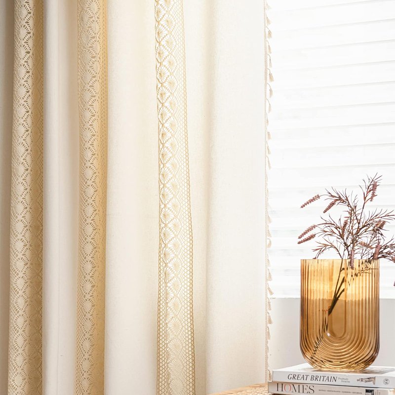 Boho Bedroom Curtain Panels - Cream Crochet Stripes Floral Patchwork Semi-Blackout Farmhouse Drapes