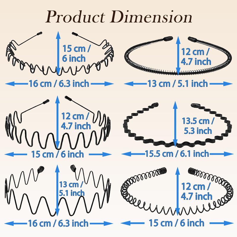 Metal Wavy Headbands for Women & Men - Adjustable, Non-Slip Hair Bands, 6-Pack