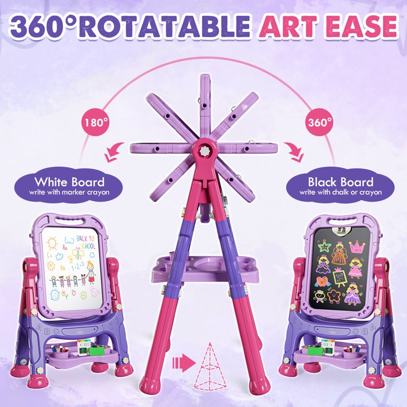 Kids Art Easel 4-in-1 Double-Sided Magnetic Chalkboard & Whiteboard Adjustable Height Purple