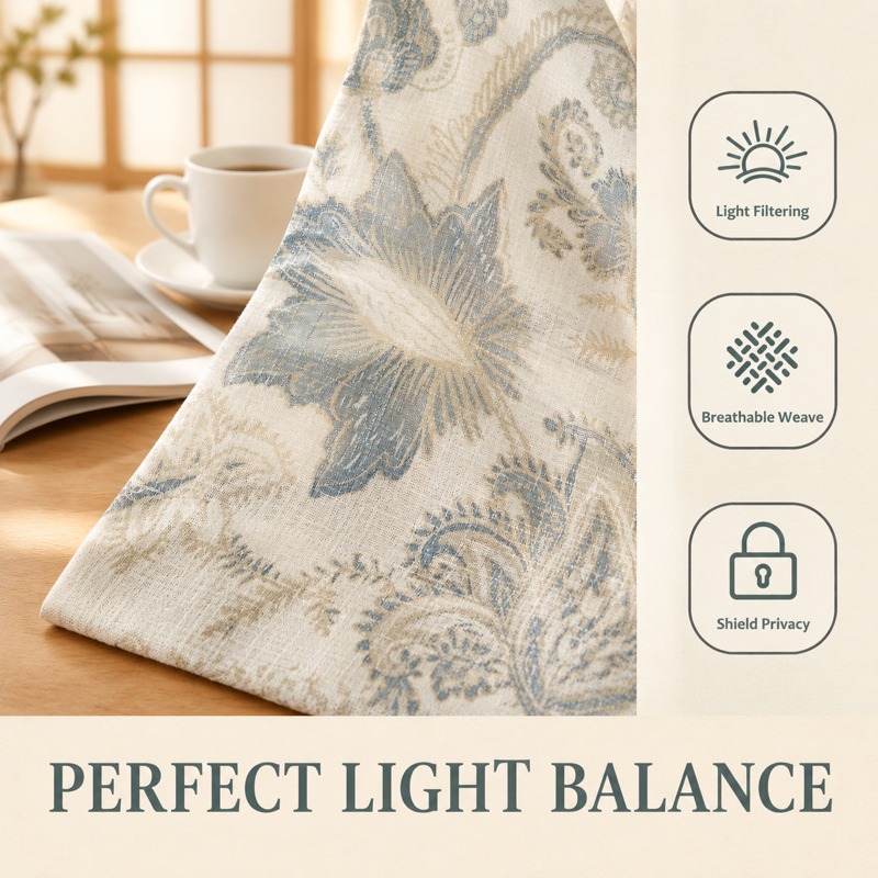 Light Filtering Jacobean Curtain Panels - Seaside Blue on Cream, Pack of 2, 84 Inch Length