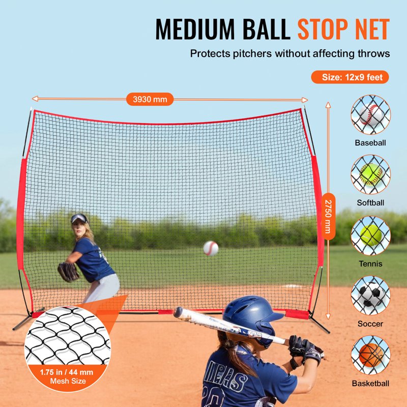 Portable Sports Barrier Net 12x9 ft Backstop for Baseball Softball Soccer Lacrosse