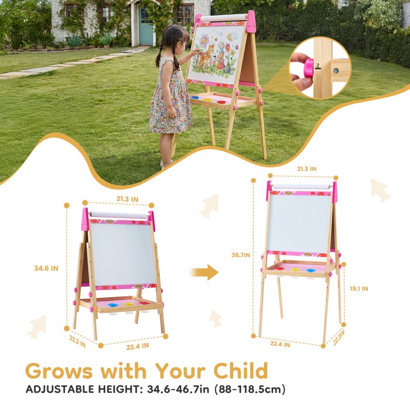 Kids Art Easel with Magnetic Boards & Paper Roll - Adjustable Wooden Toddler Drawing Gift