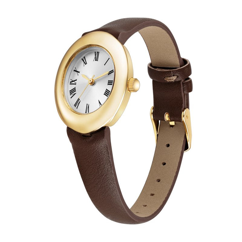 Women's Leather Strap Wristwatch with Gold-Tone Case and Roman Numerals