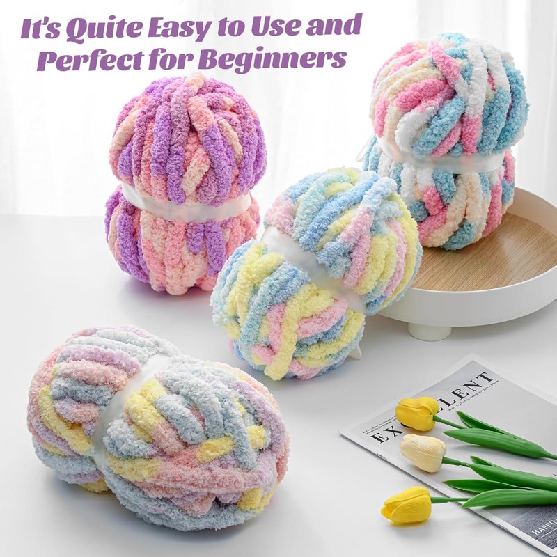 Bulky Variegated Chenille Yarn for Crochet and Knitting - 10 Skeins, Soft & Thick