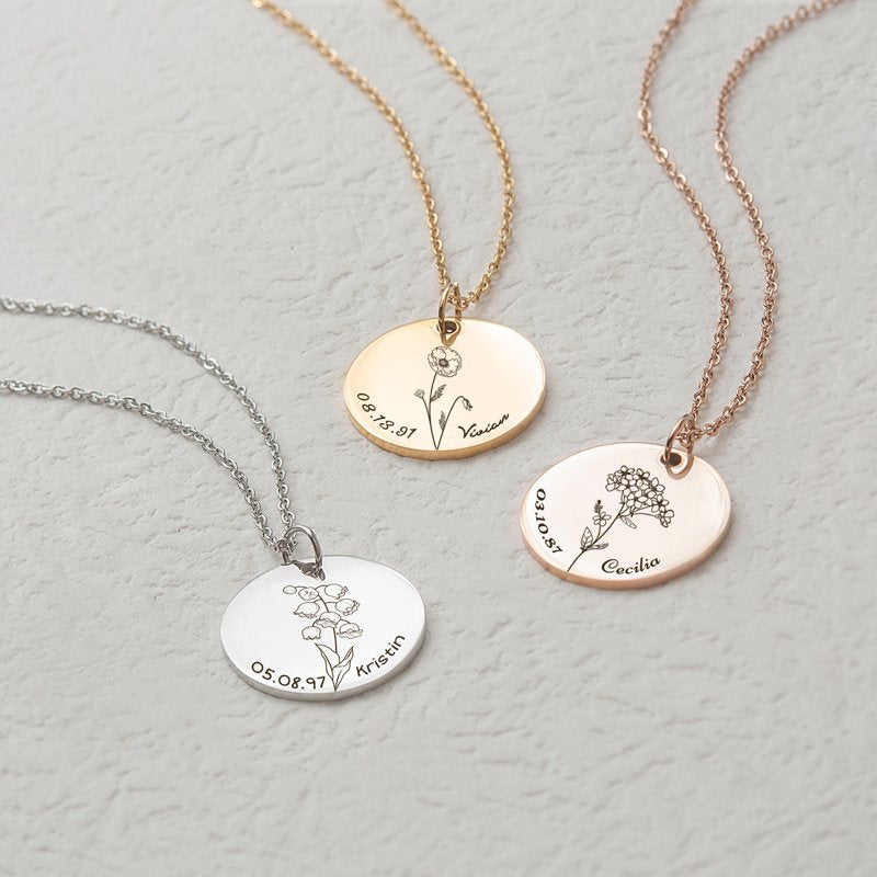 Personalized Birth Flower Necklace for Women - Engravable Charm in Silver, Gold, Rose Gold