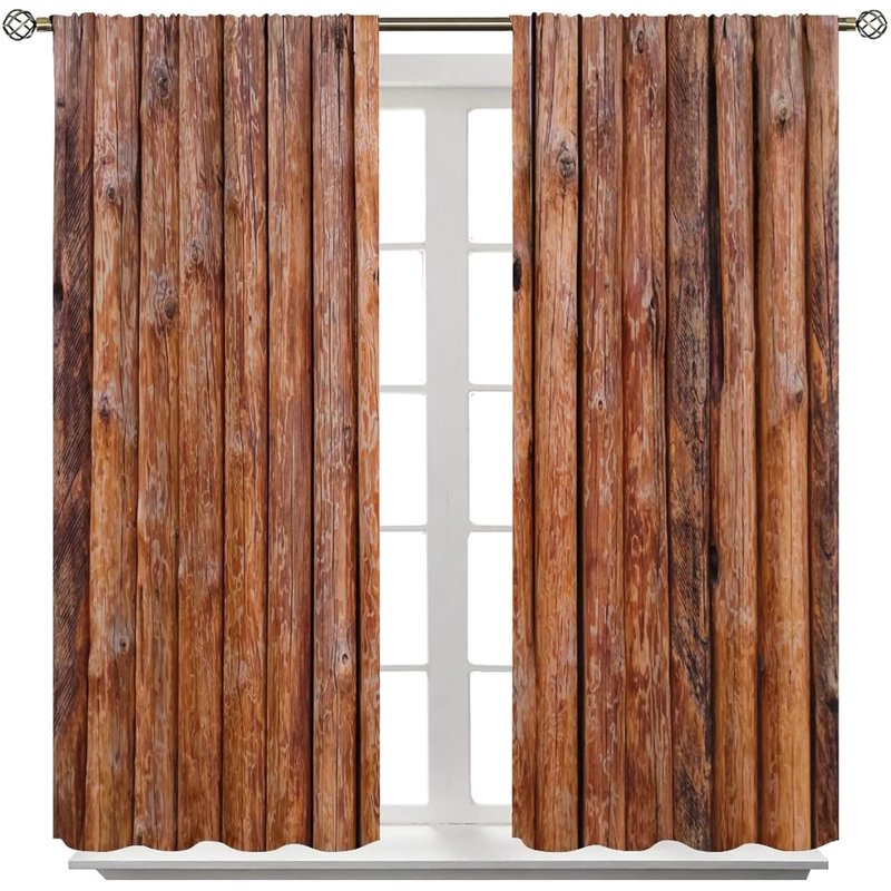 Rustic Wooden Kitchen Curtain Set - Vintage Brown Countryside Darkening Drapes