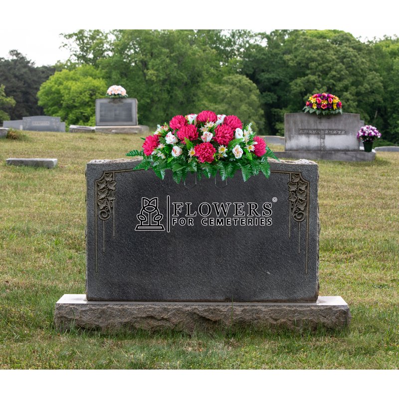 Artificial Cemetery Flower Saddle - UV Resistant Mum & Pink Rose for Headstone