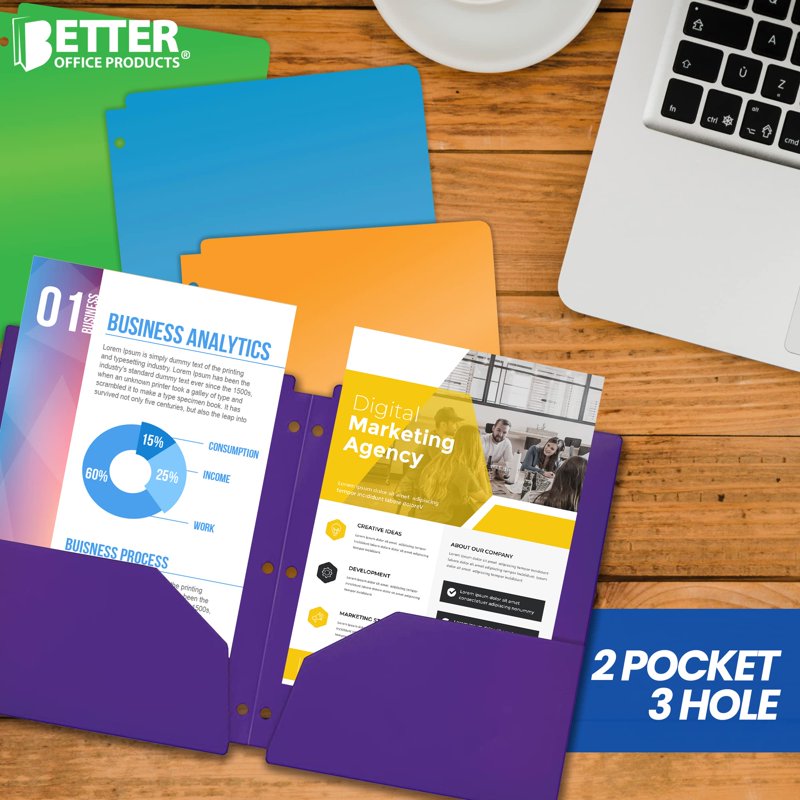 Bright Neon Pocket Folders with Business Card Slot - 6 Pack