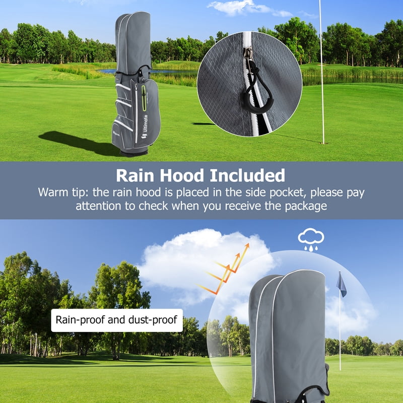 Costway 33'' Golf Cart Bag with 15-Way Top, Putter Well, Cooler, Rain Hood – Grey/Green Variation