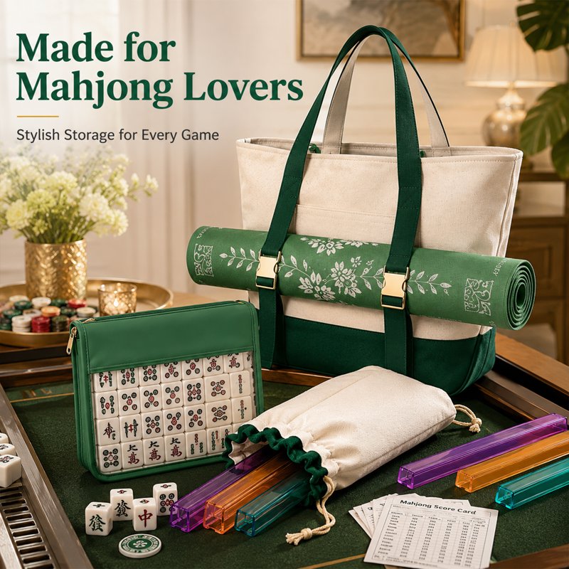 Mahjong Storage Bag Set with Canvas Tote, Tile Pouch & Rack - Travel Organizer