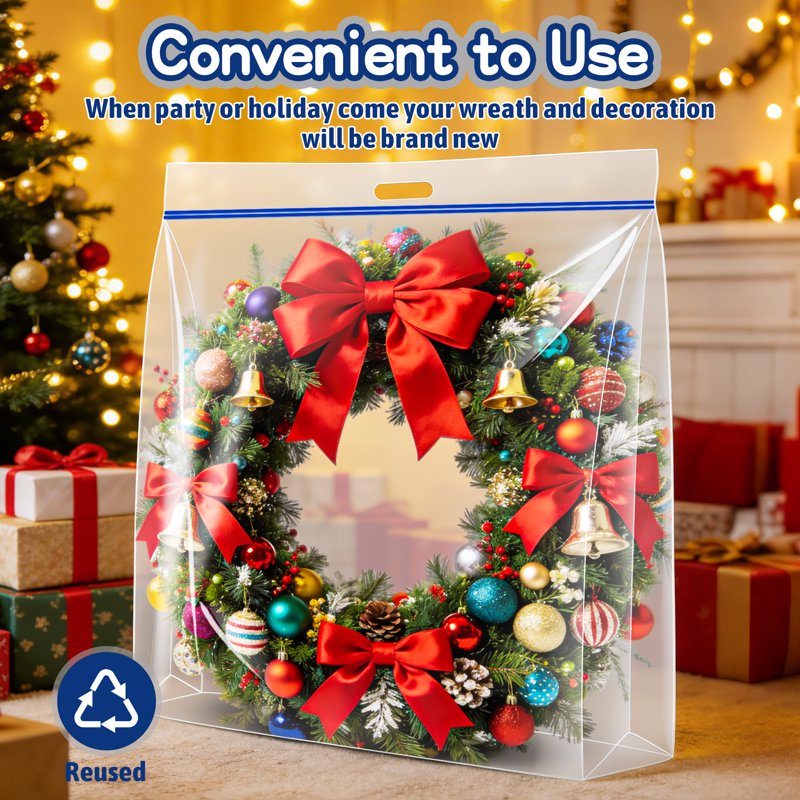 Extra Large Plastic Wreath Storage Bags 24x24x7 Inches - 4 Pack