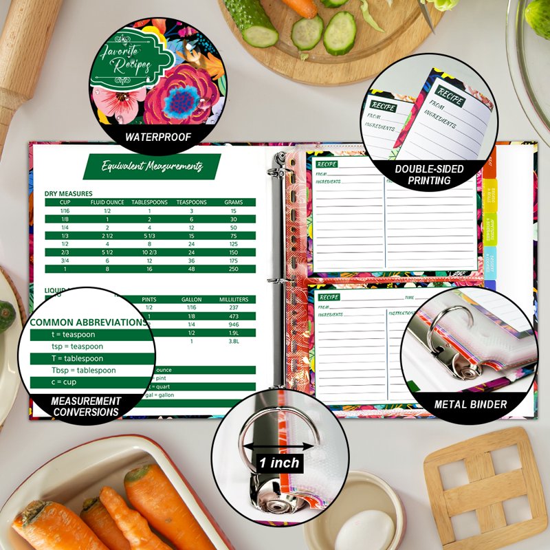 3 Ring Recipe Binder Set with Plastic Sleeves & Recipe Cards - 8.5x11 Inch Organizer, Blooming Flowers Design