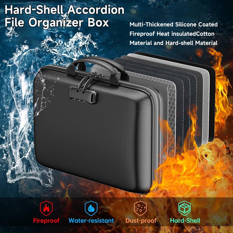 Fireproof Document Organizer with Lock and Accordion File - Hard Shell Safe Storage