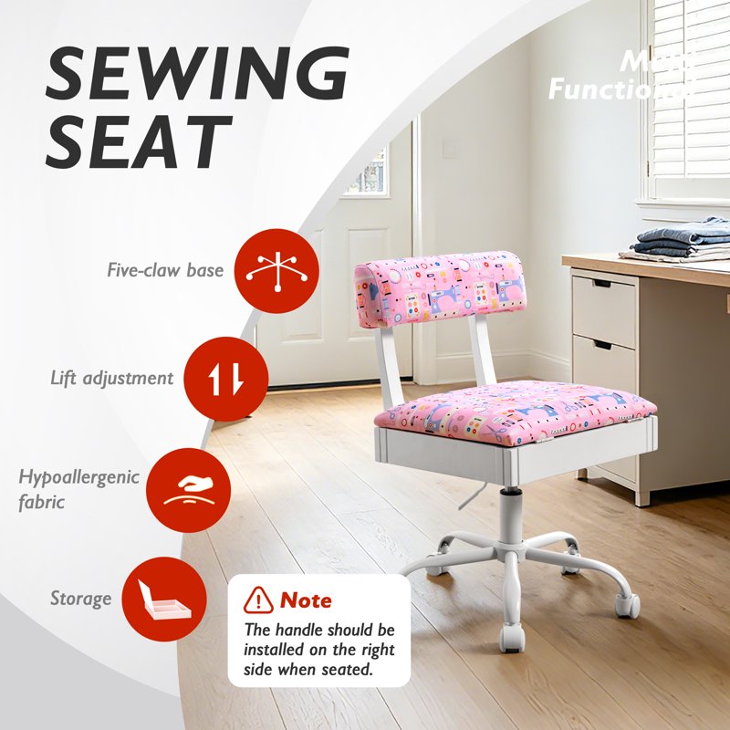 Adjustable Height Sewing Chair with Storage Drawer - Swivel Craft Chair, Upholstered